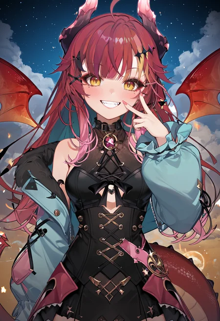 score_9_up, score_8_up, score_7_up, score_6_up, sourced_anime, 1girl, (SudaYoruka:1.1), dragon horns, dragon tail, dragon wings, (mini wings:1.2), highly detailed yellow eyes, looking at viewer, (crazy eyes:1), evil grin,
interesting background, detailed background, aerial, cinematic angle, dynamic angle, (dynamic pose:1.3), gradient, starry sky, blue sky, cloudy sky, (finger gun:1), cowboy shot, moon,
<lora:SudaYorukaXL_autismmixPony2:1.1>, <lora:Shine_colorful_XL_15E2B3A3C_RT:1.2>, (Shine colorful:1.2), <lora:add-detail-xl:0.5>, rating_safe, sfw, masterpiece, newest, absurdres