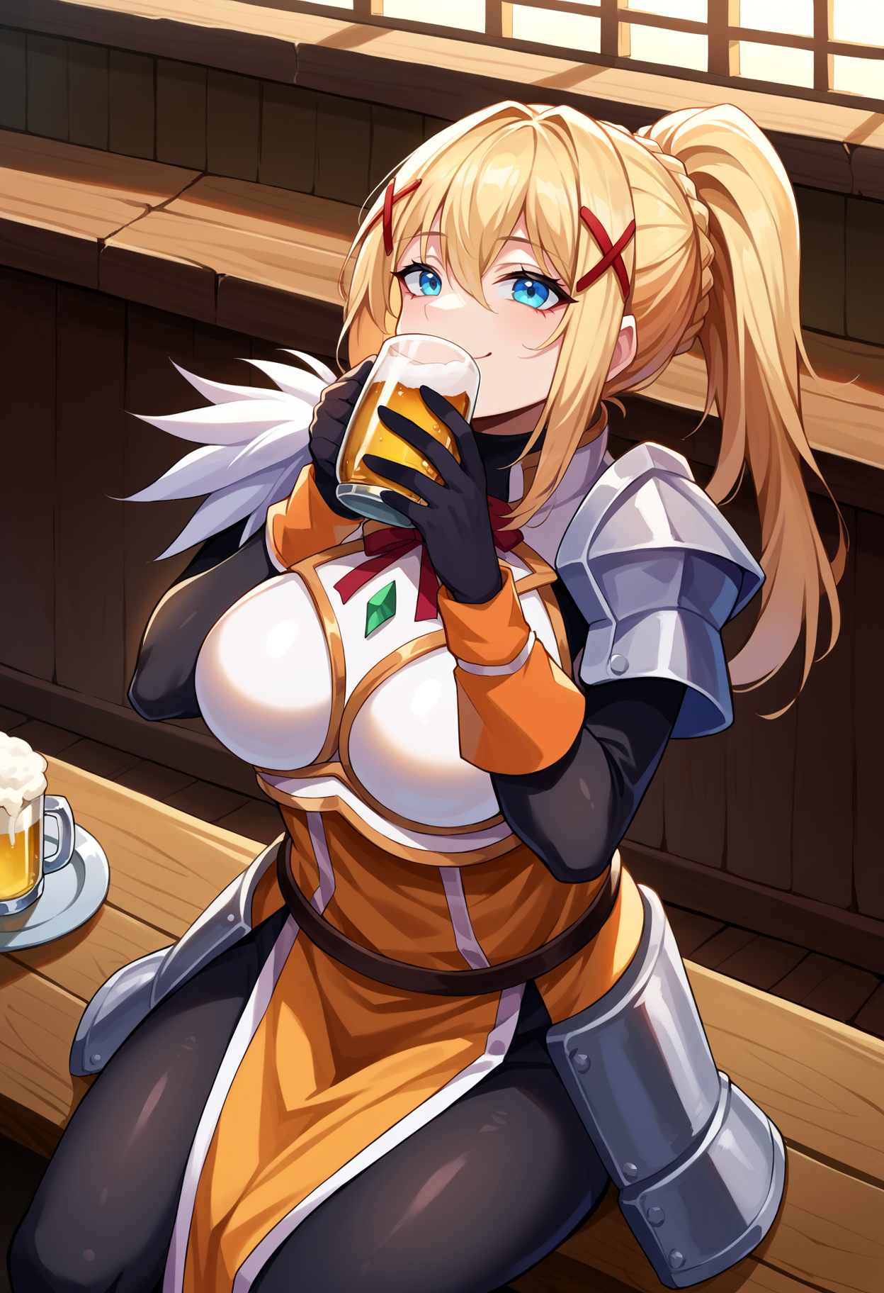 score_9, score_8_up, score_7_up, source_anime BREAK 1girl, solo, cowboy shot, looking at viewer, close-up, 
<lora:konosuba_darkness_ponyXL:1>, ksdarkness, braid, ponytail, x hair ornament, armored dress, shoulder armor, breastplate, bodysuit, black gloves, holding cup, beer, drinking, hydrate, <lora:DrinkingDwntsy-000006:1>, hand up, head back, 
large breasts,  skindentation, sitting, light smile,
indoors, tavern, wooden floor, wooden wall,