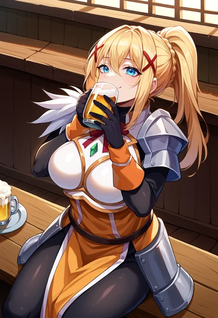 score_9, score_8_up, score_7_up, source_anime BREAK 1girl, solo, cowboy shot, looking at viewer, close-up,
<lora:konosuba_darkness_ponyXL:1>, ksdarkness, braid, ponytail, x hair ornament, armored dress, shoulder armor, breastplate, bodysuit, black gloves, holding cup, beer, drinking, hydrate, <lora:DrinkingDwntsy-000006:1>, hand up, head back,
large breasts, skindentation, sitting, light smile,
indoors, tavern, wooden floor, wooden wall,