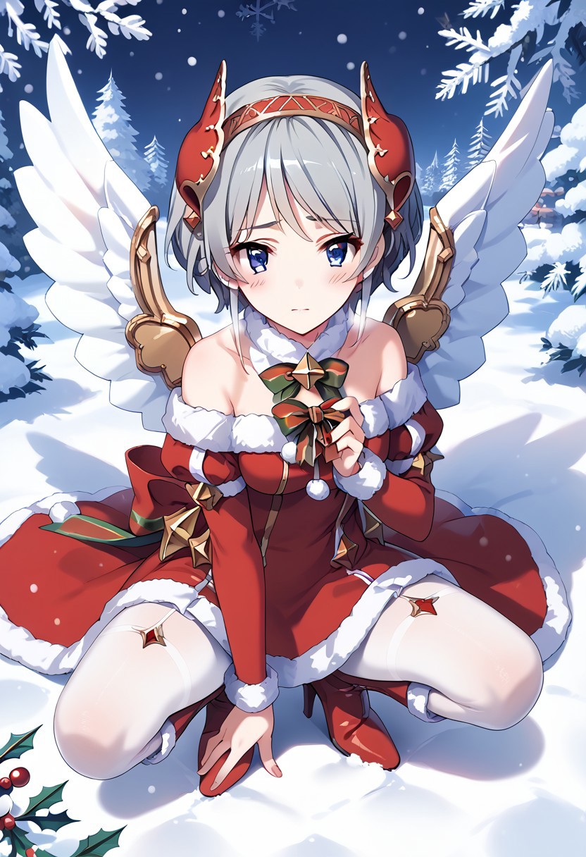score_9, score_8_up, score_7_up, source_anime,YORI (ANGEL), 1girl, solo, looking at viewer, blush, short hair, blue eyes, dress, grey hair, pantyhose, boots, wings, high heels, fur trim, squatting, red footwear, christmas, snow, character doll, watanabe you