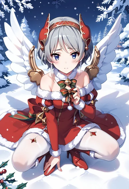 score_9, score_8_up, score_7_up, source_anime,YORI (ANGEL), 1girl, solo, looking at viewer, blush, short hair, blue eyes, dress, grey hair, pantyhose, boots, wings, high heels, fur trim, squatting, red footwear, christmas, snow, character doll, watanabe you