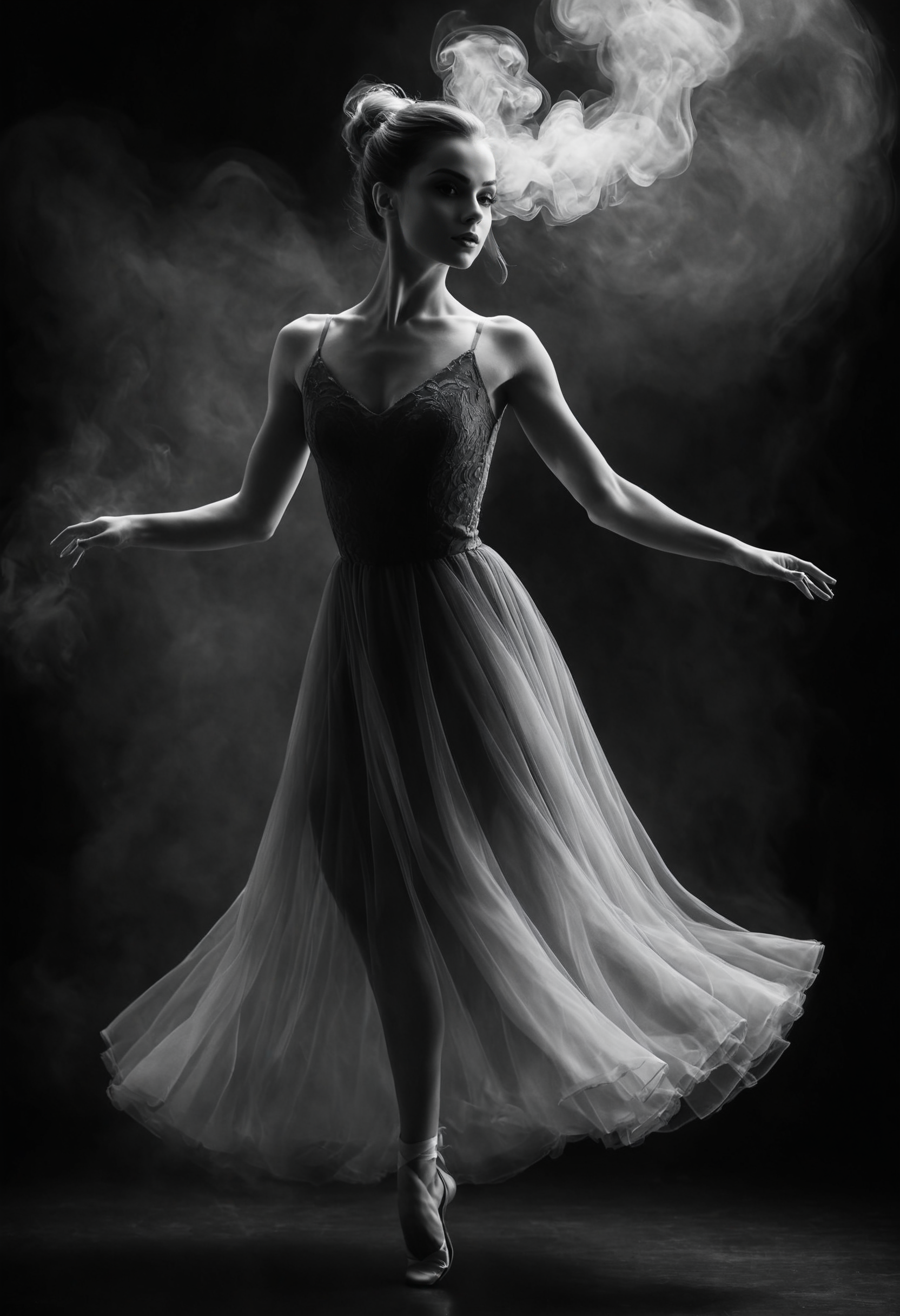 ,Studio shoot with a( Dancing Balarina in a dress made of smoke:1.1), sensual body emphasized by lightrays, b&w <lora:Neutral_Light-Rays_XL:0.4> <lora:Smoke_XL:0.3> smoke