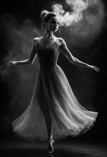 ,Studio shoot with a( Dancing Balarina in a dress made of smoke:1.1), sensual body emphasized by lightrays, b&w <lora:Neutral_Light-Rays_XL:0.4> <lora:Smoke_XL:0.3> smoke