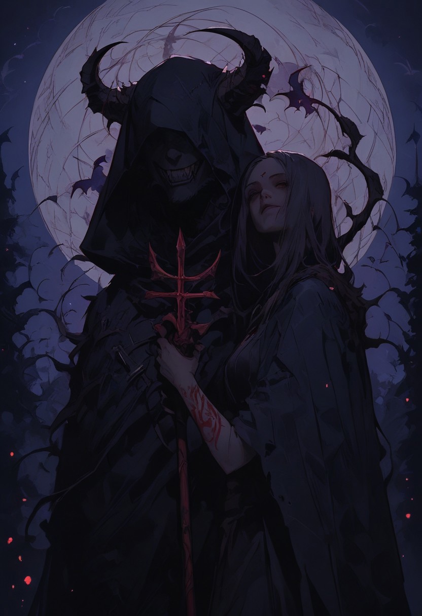 score_9, score_8_up, score_7_up, hidden face, mischievous character, draped in a tattered black fur cloak, standing upright, holding a pagan staff with mushrooms, bats flying around, warlock and trickster, occult tattoos cover hands, with religious outfit visible around the waist. background is a dark thick wood and moon is shining through the ticket, evil and occult aura of the character. The style is ethereal and artistic, soft lighting and shadows, cinematic warm lighting, satanic, black fur cloak should have a rough texture, staff should have a shining bloody rune, the character is frenzy and ecstatic