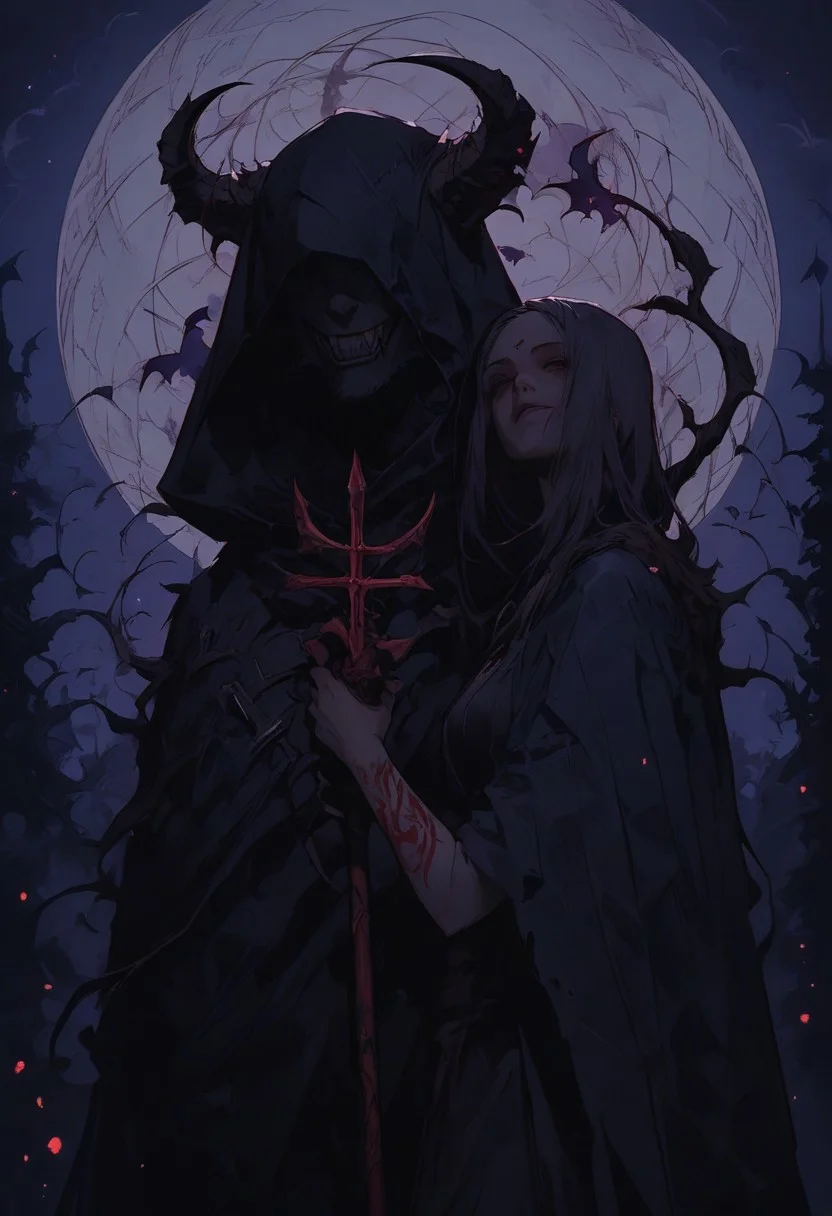score_9, score_8_up, score_7_up, hidden face, mischievous character, draped in a tattered black fur cloak, standing upright, holding a pagan staff with mushrooms, bats flying around, warlock and trickster, occult tattoos cover hands, with religious outfit visible around the waist. background is a dark thick wood and moon is shining through the ticket, evil and occult aura of the character. The style is ethereal and artistic, soft lighting and shadows, cinematic warm lighting, satanic, black fur cloak should have a rough texture, staff should have a shining bloody rune, the character is frenzy and ecstatic
