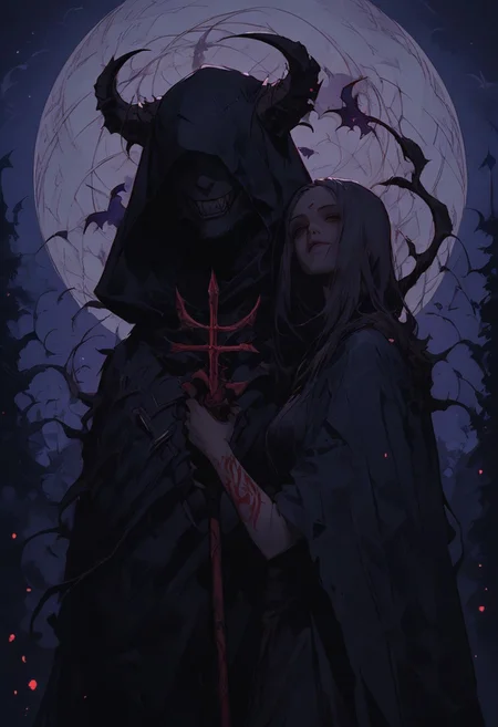 score_9, score_8_up, score_7_up, hidden face, mischievous character, draped in a tattered black fur cloak, standing upright, holding a pagan staff with mushrooms, bats flying around, warlock and trickster, occult tattoos cover hands, with religious outfit visible around the waist. background is a dark thick wood and moon is shining through the ticket, evil and occult aura of the character. The style is ethereal and artistic, soft lighting and shadows, cinematic warm lighting, satanic, black fur cloak should have a rough texture, staff should have a shining bloody rune, the character is frenzy and ecstatic