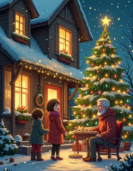 A beautifully detailed, retro-animated, cinematic rendition of a heartwarming Christmas homecoming, complete with twinkling fairy lights adorning the snowy exterior of a cozy family home. Inside, the warm, glowing interior is filled with laughter, love, and the comforting aroma of homemade cookies. Characters are all drawn with expressive, anime-inspired features and each member of the family, from grandparents to children, is depicted with extraordinary detail and genuine emotion, as they gather around a towering, ornate Christmas tree that shimmers with countless multicolored ornaments., small chest, aesthetic_pose, Flux.1 D: Creative Effects & Design LoRA Pack (In-Context LORA) | home-decoration | 13 used, Flux.1 D: Ink-style | ink-dynamic | 7 used, dynamic_pose, dramatic_lightning