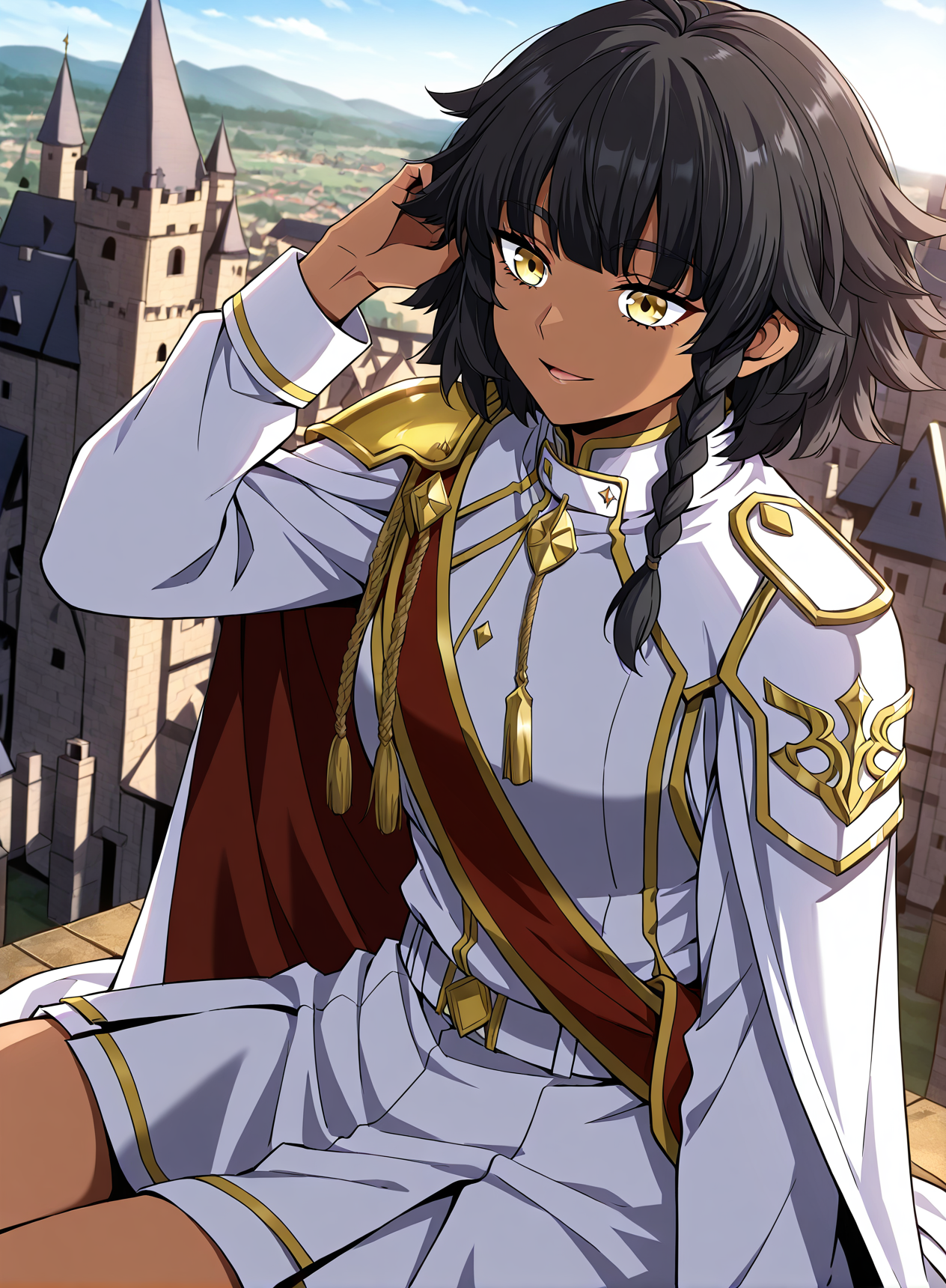 <lora:Mica_Earthborn__The_Beginning_After_the_End__Illustrious:1>
1 girl, solo, dark skin, golden eyes, short black hair, uneven bangs, side braid, layered hair, messy hairstyle,
white military uniform, golden shoulder guards, gold accents, red sash, gold rope tassel, high collar, cape with gold tri
score_9, score_8_up, score_7_up, very aesthetic, source_anime, detailed, high quality, beautiful, masterpiece, detailed eyes, castle, village, blurry background, cityscape, pose dynamic angle, light smile, open mouth, hand on hair, sitting