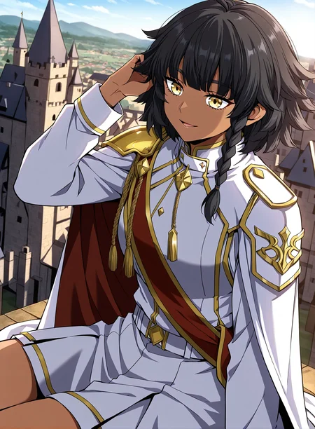 <lora:Mica_Earthborn__The_Beginning_After_the_End__Illustrious:1>
1 girl, solo, dark skin, golden eyes, short black hair, uneven bangs, side braid, layered hair, messy hairstyle,
white military uniform, golden shoulder guards, gold accents, red sash, gold rope tassel, high collar, cape with gold tri
score_9, score_8_up, score_7_up, very aesthetic, source_anime, detailed, high quality, beautiful, masterpiece, detailed eyes, castle, village, blurry background, cityscape, pose dynamic angle, light smile, open mouth, hand on hair, sitting