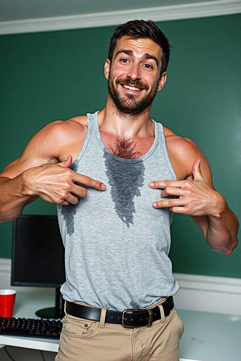 professional HD photo of A man in a grey tank top shirt with sweat is pointing to his bushy damp armpit hair that is sprouting out of his folded down arms, and looking at the camera. He is standing in front of a desk with a computer keyboard on it. There is a red cup on the desk next to the keyboard. The man is wearing khaki pants and a black belt. The background is a green wall with a white baseboard. The photo is taken from the front view of the man., sweat-damp on the armpit area, caucasian, dark hair, short hair, 30 yo., medium full body shot, 1boy, solo, armpit hair, male focus, shirt, muscular male, short hair, arm hair, muscular, bara, facial hair, belt, pants, looking at viewer, white shirt, smile, black hair, realistic, armpits
🎯<lora:Sweaty Shirt v7.5.safetensors:0.9:0.9>
<lora:flux\Sony_a7_III.safetensors:0.75:0.75>
<lora:flux\Anti-BlurFLUX.safetensors:0.12:0.12>
<lora:flux\Sweaty-000001.safetensors:0.9:0.9>
<lora:flux\body\fluxRealSkin-V2(1).safetensors:0.6:0.6>
<lora:Sweaty_v8-20_mrg_withV7-17_s04_s14.safetensors:0.9:0.9>
<lora:flux\my\damp\adjusted_pre7_Damp Armpits Flux v1-000005.safetensors:1.4000000000000001:1.4000000000000001>
📌[LoRas Used]: Sweaty Shirt v7.5, Sony_a7_III, Anti-BlurFLUX
📌[LoRas Used with Diogod's Block Analysis Presets]: Sweaty-000001
📌[Additional LoRas for upscaling]: fluxRealSkin-V2(1), Sweaty_v8-20_mrg_withV7-17_s04_s14, adjusted_pre7_Damp Armpits Flux v1-000005