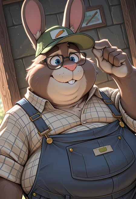 masterpiece, best quality, amazing quality, dutch angle, abstract background, BREAK
solo, 1boy, furry male, zoo_stu, rabbit boy, rabbit ears, blue eyes, trucker hat, glasses, overweight, plaid shirt, overalls, upper body focus, BREAK
<lora:cfg_scale_boost:.6> <lora:Stu_Hopps_-_Zootopia_-_ILXL:1>