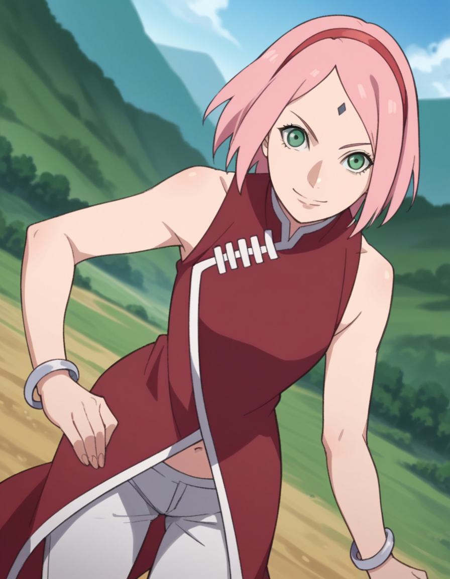 score_9, score_8_up, score_7_up, source_anime,
sakuraharuno, <lora:sakura-haruno-boruto-anime-ponyxl-lora-nochekaiser:1>,
sakura haruno, short hair, green eyes, pink hair, hairband, facial mark, forehead mark, red hairband,
navel, bare shoulders, jewelry, sleeveless, pants, bracelet, dress, red dress,
outdoors, landscape, bent over, smile,
solo, dutch angle, looking at viewer, cowboy shot,