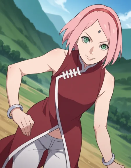 score_9, score_8_up, score_7_up, source_anime,
sakuraharuno, <lora:sakura-haruno-boruto-anime-ponyxl-lora-nochekaiser:1>,
sakura haruno, short hair, green eyes, pink hair, hairband, facial mark, forehead mark, red hairband,
navel, bare shoulders, jewelry, sleeveless, pants, bracelet, dress, red dress,
outdoors, landscape, bent over, smile,
solo, dutch angle, looking at viewer, cowboy shot,