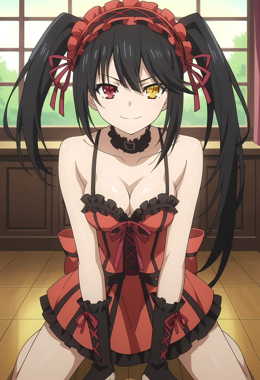 score_9, score_8_up, score_7_up, source_anime, 2d, Kurumi Tokisaki, 1girl, black hair, twintails, asymmetrical hair, red eye, yellow-clock eye, heterochromia, medium breasts, red hairband, cleavage, red dress, black gloves, red stomach ribbon, black choker, anime coloring, anime screencap, detailed eyes, zPDXL, perfect faces, uncensored, rating_explicit, <lora:kurumi_tokisaki_0-000035:0.8>, kneeling, looking up, naughty face, evil smile, room, pov