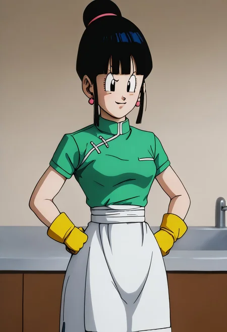 708, score_9, score_8_up, score_7_up, score_6_up, score_5_up, score_4_up, uncensored, 3D, blender, BREAK, chichi from dragon ball z,
, shiny skin, detailed eyes, (bubble butt), wide hips, thick thighs, hyper hips, small breasts,pery breasts, gigantic ass, voluptuous, venus body, kitchen, quarter angle view, thin waist, slim waist,, smug, , Yelftea style, light green shirt, white apron, yellow gloves