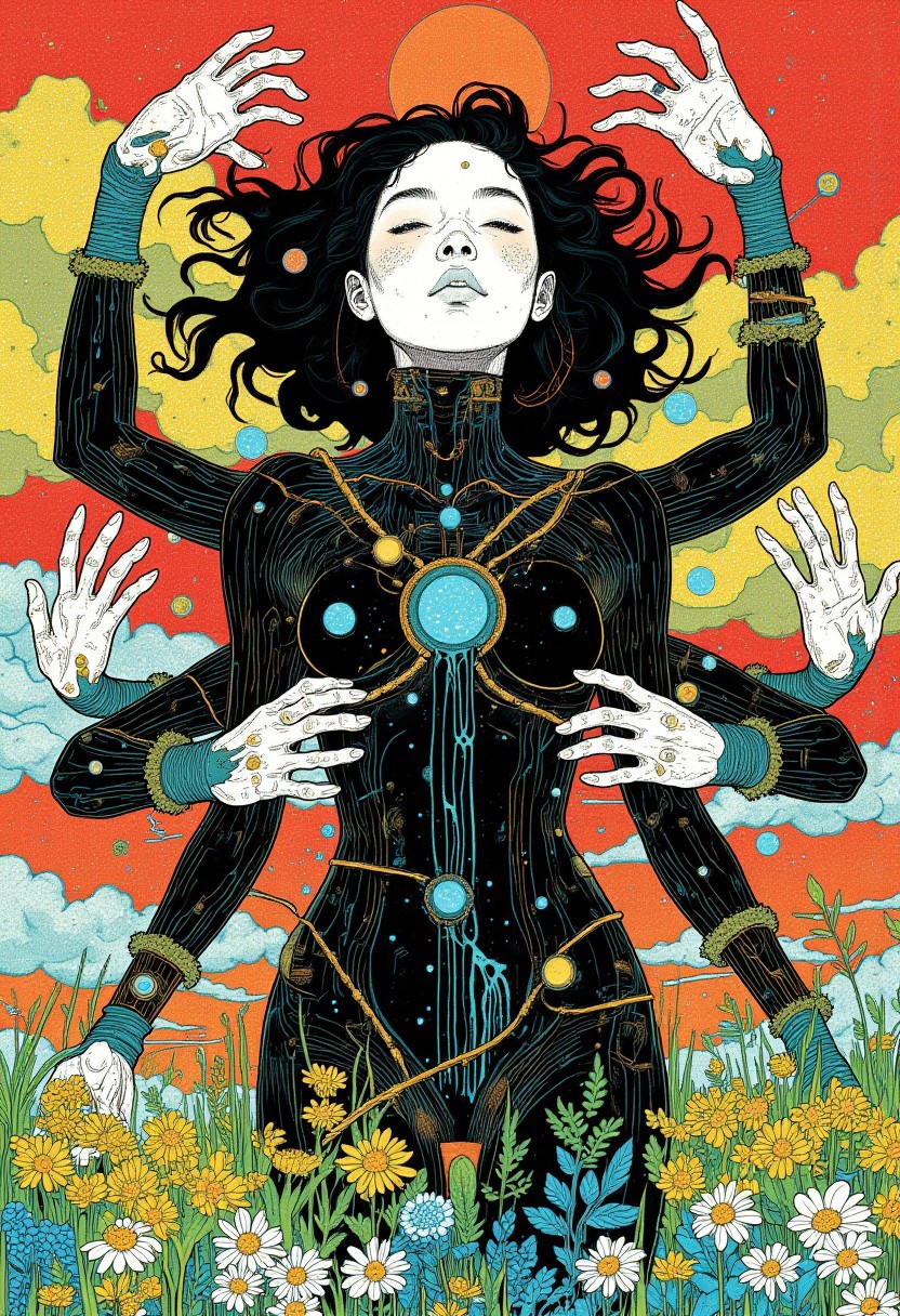 A digital artwork illustration in a **ne0nfant4sy** aesthetic (1.2) features an adult female figure with six arms, each side gracefully holding three glowing, translucent white limbs (1.3), floating in a powerful **aura pose** (1.3) that embodies enlightenment. Her black body is intricately adorned with **surreal dots and lines** (1.2) in **black** (1.1) and **neon blue** (1.2), creating an ethereal, dreamlike texture (1.3) that flows like liquid energy. Her striking white face (1.1) contrasts with the detailed patterns of her dark body, intensifying her otherworldly presence. Her curly hair (1.2) is embellished with **golden attachments** (1.3) that catch the light, shimmering with subtle elegance. A second exposure (1.3) creates a faint, glowing silhouette of the same figure, overlapping and blending the two forms into a surreal fusion of realities (1.2). The background is an explosion of vibrant **red** (1.2) and **yellow dots** (1.2), interspersed with cool **blue dots** (1.2), all framed by a glowing **green border** (1.1), creating a radiant, fantastical ground. The surreal interplay of colors (1.3) and intricate patterns (1.2) weaves together an atmosphere that radiates mysticism, imbuing the entire composition with an aura of both power and ethereal beauty (1.3).