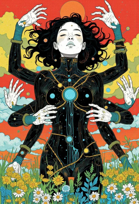 A digital artwork illustration in a **ne0nfant4sy** aesthetic (1.2) features an adult female figure with six arms, each side gracefully holding three glowing, translucent white limbs (1.3), floating in a powerful **aura pose** (1.3) that embodies enlightenment. Her black body is intricately adorned with **surreal dots and lines** (1.2) in **black** (1.1) and **neon blue** (1.2), creating an ethereal, dreamlike texture (1.3) that flows like liquid energy. Her striking white face (1.1) contrasts with the detailed patterns of her dark body, intensifying her otherworldly presence. Her curly hair (1.2) is embellished with **golden attachments** (1.3) that catch the light, shimmering with subtle elegance. A second exposure (1.3) creates a faint, glowing silhouette of the same figure, overlapping and blending the two forms into a surreal fusion of realities (1.2). The background is an explosion of vibrant **red** (1.2) and **yellow dots** (1.2), interspersed with cool **blue dots** (1.2), all framed by a glowing **green border** (1.1), creating a radiant, fantastical ground. The surreal interplay of colors (1.3) and intricate patterns (1.2) weaves together an atmosphere that radiates mysticism, imbuing the entire composition with an aura of both power and ethereal beauty (1.3).