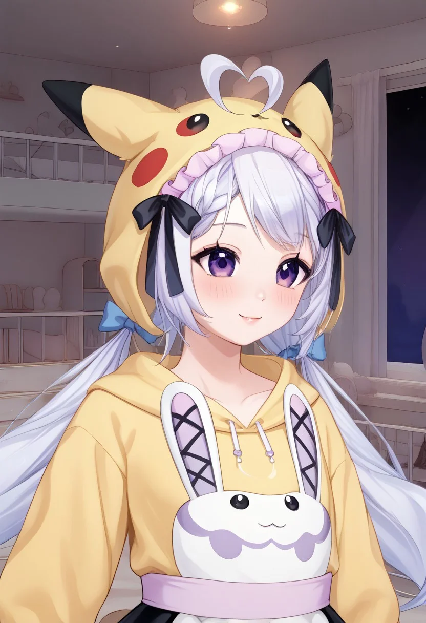 score_9, score_8_up, score_7_up, source_anime,
detailed eyes, eye reflection,
(simfonira, source_reference,source_screen_good, model_type_fox, ears_fox, outfit_maid, hair_tails, eyes_purple , maid, purple eyes , twintails, long hair, hair bow,)
twintails, low twintails, ahoge,
hair bow, black bow,
<lora:pikachu-cosplay-ponyxl-lora-nochekaiser:1>,
pikachucosplay, pikachu \(pikachu\), character print, hood, hoodie, yellow hoodie,
indoors,
1girl, blush, smile,
