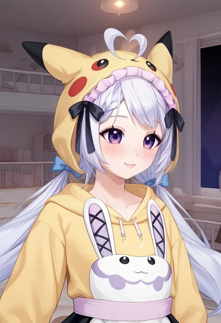score_9, score_8_up, score_7_up, source_anime,
detailed eyes, eye reflection,
(simfonira, source_reference,source_screen_good, model_type_fox, ears_fox, outfit_maid, hair_tails, eyes_purple , maid, purple eyes , twintails, long hair, hair bow,)
twintails, low twintails, ahoge,
hair bow, black bow,
<lora:pikachu-cosplay-ponyxl-lora-nochekaiser:1>,
pikachucosplay, pikachu \(pikachu\), character print, hood, hoodie, yellow hoodie,
indoors,
1girl, blush, smile,