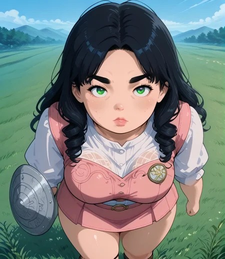 IllusP0s, PonyScores7, source_anime, ah1, IllustriousQual, interesting, exciting, spectacular, wonderful, amazing quality, absolutely eye-catching,
BREAK <lora:xl_more_art-full_v1:0.2>, <lora:aesthetic_anime_v1s:0.2>, <lora:EpicF4nta5yXL:0.2>, <lora:detailxl:0.2>, detailxl, <lora:Fant5yP0ny:0.2>, amazing quality, best aesthetic, absurdres, illustration, Volumetric_Lighting, ultra-detailed, very aesthetic, intricate details, best_quality, <lora:Add_Details_v1.2:0.4>, <lora:quality_modifiers_masterpieces_v1:0.2>, <lora:ZootPonyAnime_V1_r2:0.2>, <lora:Bestifacator2:0.2>,
BREAK ((shield charge)),
BREAK Stable_Yogis_PDXL_Positives, AS-Adult, <lora:Complicated fantasy portrait - XL Pony V2.0:0.2>, bad-hands-5, <lora:HDA_Detailer:0.3>, <lora:natsumi_style:0.5>, <lora:by_usakun-pony:0.4>, by usakun, <lora:Akina_Bbw_Style_-_PonyXL:0.2>, AkinBw, ((from above, far from viewer)),
BREAK 1girl, mature female, (curvy), round-chin, caucasian, <lora:ETO_OC_Illustrius:0.5>, eto_oc, skindentation, (plump), thick thighs, wide hips, busty, voluptuous, <lora:venus body PonyXL:0.3>, <lora:shinyskin2:0.2>, glistening skin, HDA_FatGirlXL, round ass, large breasts, <lora:plussizegirls_IL:0.3>, <lora:plussizegirls_pony:0.3>, <lora:perfection style:0.2>, perfection style, perfection,
BREAK ((chic pastel pink satin skirt with a fitted black top and combat boots)),
BREAK (curly hair), long hair, (black hair:1.4), (parted hair:1.7), messy hair, kinky curls, <lora:hairdetailpxl:0.2>, hairdetailpxl,
BREAK (half green and brown eyes), (colorful eyes), (multicolored eyes), (downturned eyes:1.4), expressive eyes, <lora:perfect-eyes:0.4> perfecteyes , EyesHD, (round face:1.2), (thick eyebrows:1.3), (plump face), <lora:Round_face:0.2>, lips, <lora:DetailedEyes_xl_bdsqlsz_V1:0.2>, <lora:Eyes_Lora_Pony_Perfect_eyes:0.2>, <lora:focusoneyes:0.2>, <lora:cinematic eye color style illustrious v1:0.2>,
BREAK ((an expression of relief expression)), <lora:Expressive_H:0.2>, Expressiveh, <lora:Emotional_Anime_Expressions_PonyXL_Concept:0.2>, emotional, <lora:Best_Facial_Expression_LoRA_PONY:0.2>, looking at viewer, <lora:Detailed expressive EXEV style -XL Pony V1.0:0.2>, FaceDetail, <lora:Best_Facial_Expression_Helper_XTREME_ILLU:0.4>, kaogei,
BREAK (((a serene meadow in Guerrero during early morning, where dew glistens on the grass and wildflowers bloom in vibrant colors, The soft light of dawn creates a magical atmosphere, emphasizing the beauty of the natural landscape in its purest form))), <lora:Background Detailer - SDXL:0.8>, 4k, 8k, Ultra HD, Masterpiece, Best quality, Detailed background, <lora:Add_more_details_V2_XLpony:0.2>, full_details, <lora:background-type1:0.2>, <lora:Anime_Aesthetic_Wallpaper_StyleIllustriousXL:0.2>, aniwall,