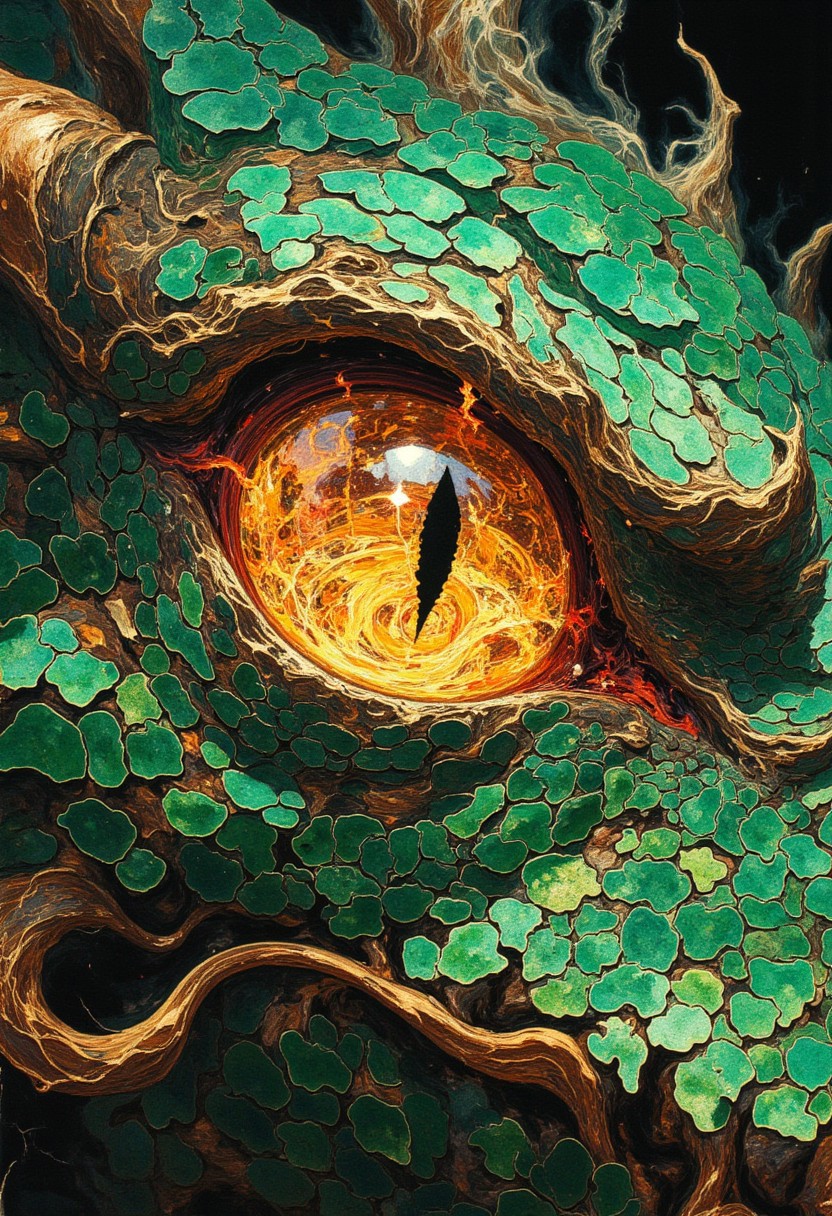 A dramatic vertical close-up of a dragon's eye, its slit-pupil glowing with a fierce golden hue, reflecting flames and the glint of ancient treasures. The surrounding skin is textured with intricate patterns of jade-green scales, each one polished and gleaming as if carved from precious stone, catching light in a mesmerizing interplay of highlights and shadows. Tiny cracks and veins run across the scales, giving them a lifelike, ancient quality. The eye itself is alive with vivid details—fiery wisps and swirling, molten textures within the iris, radiating power and intensity. Soft tendrils of smoke rise around the edges, curling delicately against the dragon's emerald hide, adding to the mythical, awe-inspiring atmosphere. DB4RZ style painting