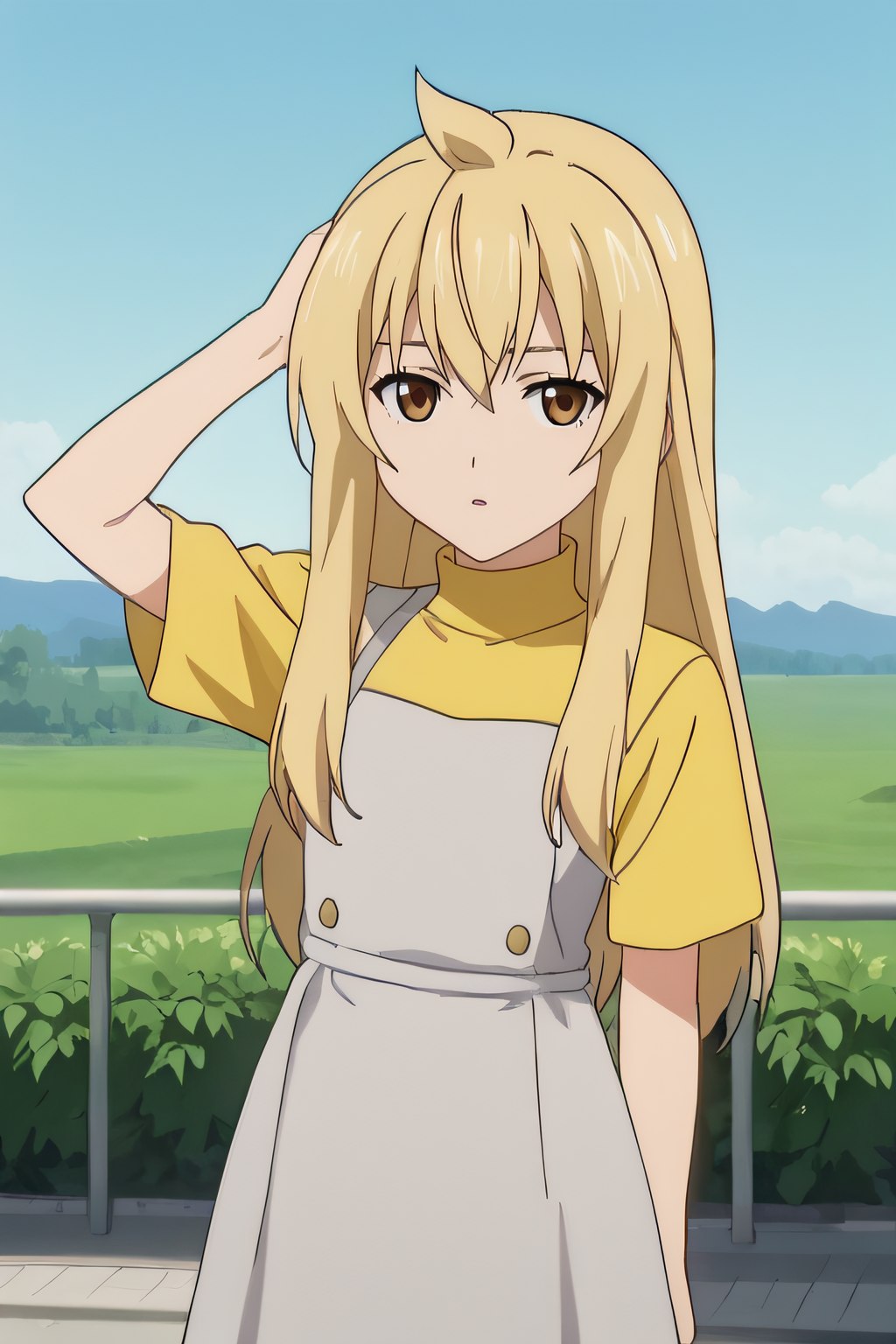 score_9, score_8_up, score_7_up, source_anime, rating_safe, intricate details, anime screencap, official style, 1girl, <lora:Minami_Chiaki:1>, chiaki, blonde hair, long hair, yellow shirt, turtleneck, grey dress, layered clothes, short sleeves, looking at viewer, expressionless, outdoor, cowboy shot, hand on hair, parted lips, hand up