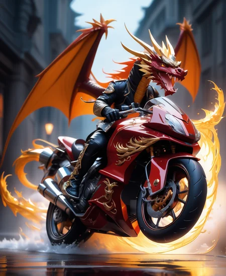 (masterpiece, high detail, best quality), a dragon riding a motorbike