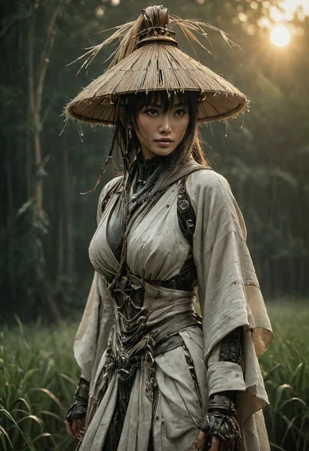 super closeup portrait by franco fontana, Create a vivid scene featuring a busty feudal cyborg shinobi, adorned in white linen hanfu with a large bamboo sedge hat, standing on a dew-covered morning meadow. arms up, bruce lees iconic fighting stance pose, while a subtle glowing aura of energy envelops the warrior.