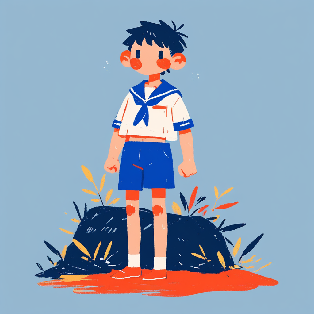 a boy in a sailor outfit frowning