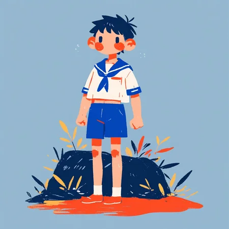 a boy in a sailor outfit frowning