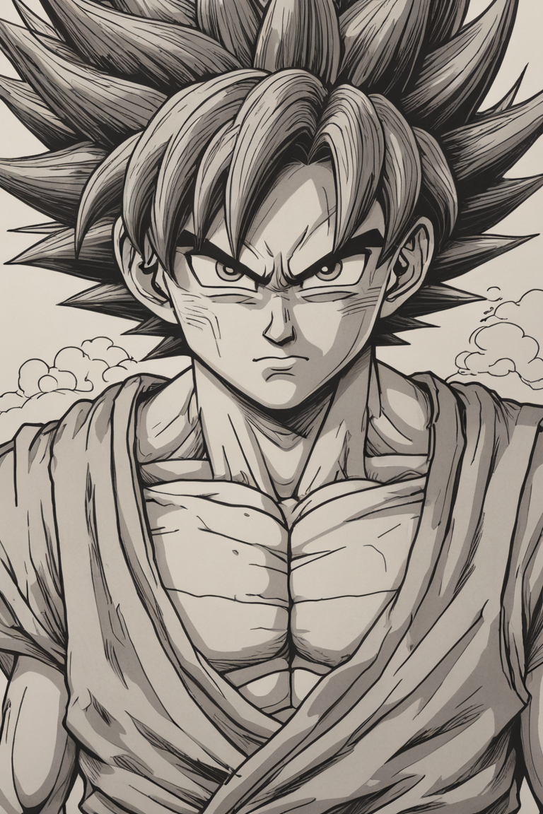 son Goku manga drawing,great detail,monochrome