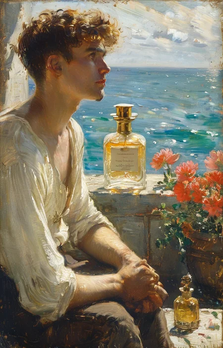 masterpiece,best quality,<lora:tbh239-sdxl:0.9>,illustration,style of Henry Scott Tuke A bottle of perfume in garden