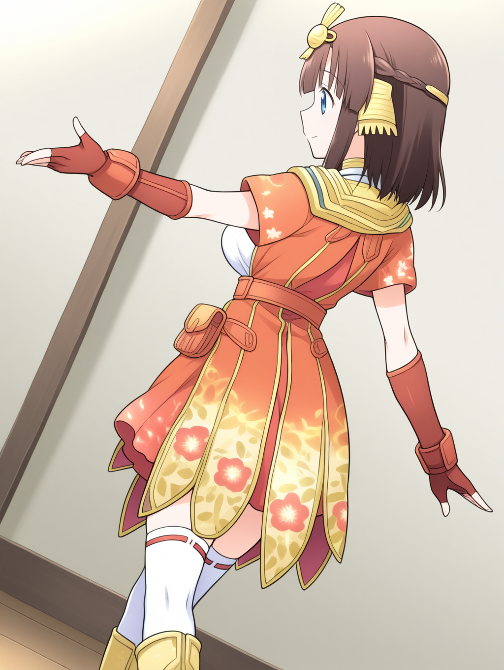 perfect quality,best quality,absolutely eye-catching,ambient occlusion,raytracing BREAK
1girl,<lora:miki hinamaturi IL v1.1:0.8>,hinamaturi,brown hair,medium hair,hair ornament,blue eyes,dress,short dress,fingerless gloves,thighhighs,boots,solo,, dutch angle,profile,standing,beckoning,outstretched_arms,reclining,