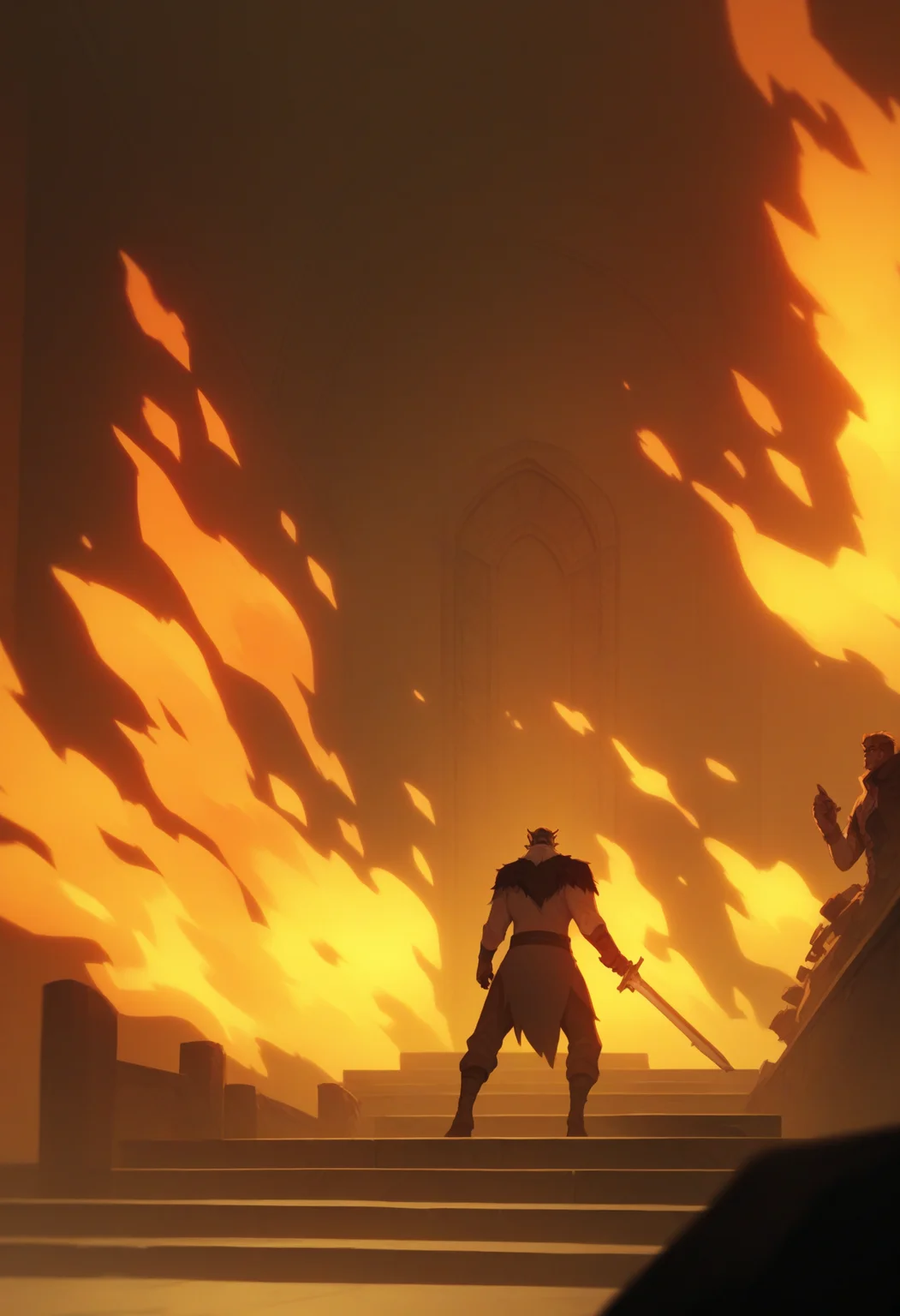 Ugly score_9, score_8_up, score_7_up, score_6_up, score_5_up, score_4_up,
<lora:VoxMachina:1> v0x,
fire, indoors, weapon, standing, scenery, from behind, sword, burning, holding, armor, 1boy, stairs