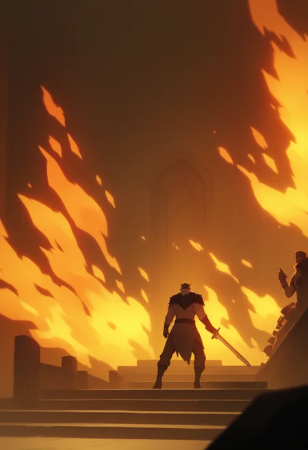 Ugly score_9, score_8_up, score_7_up, score_6_up, score_5_up, score_4_up,
<lora:VoxMachina:1> v0x,
fire, indoors, weapon, standing, scenery, from behind, sword, burning, holding, armor, 1boy, stairs