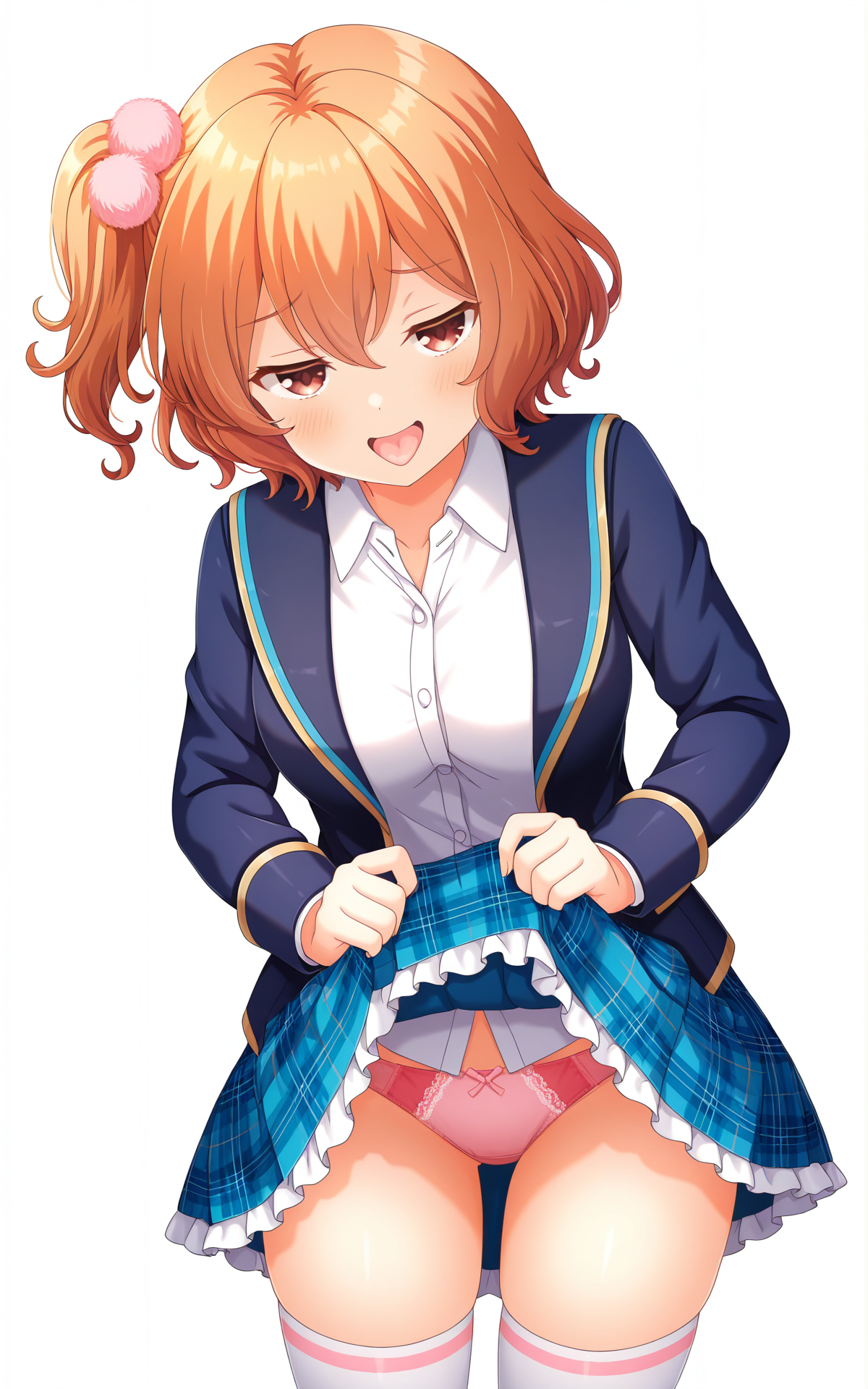 masterpiece, best quality, good quality, newest,4k, perfect lighting, cinematic, very aesthetic, official art, anime screencap, anime coloring,(((white background, simple background))),
1girl,solo,michiru,brown hair,orange hair,short hair,hair between eyes,side ponytail,hair ornament,red eyes,brown eyes,
seio school uniform,blue jacket,open jacket,collartbone,white shirt,collared shirt,blue skirt,plaid skirt,frilled skirt,miniskirt,panties,white thighhighs,pink thighhighs,
standing,naughty face,half-closed eyes,open mouth,tongue,skirt lift,lifted by self,show panties,facing viewer,looking at viewer,BREAK
<lora:ILmichiru:1>