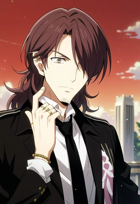 score_9,score_8_up,score_7_up,source_anime, Soichiro Mikuni,solo,1boy,jewelry,jacket,male focus,necktie,hair over one eye,bracelet,parody,ring,stubble,jacket on shoulders,kaburagi t. kotetsu,