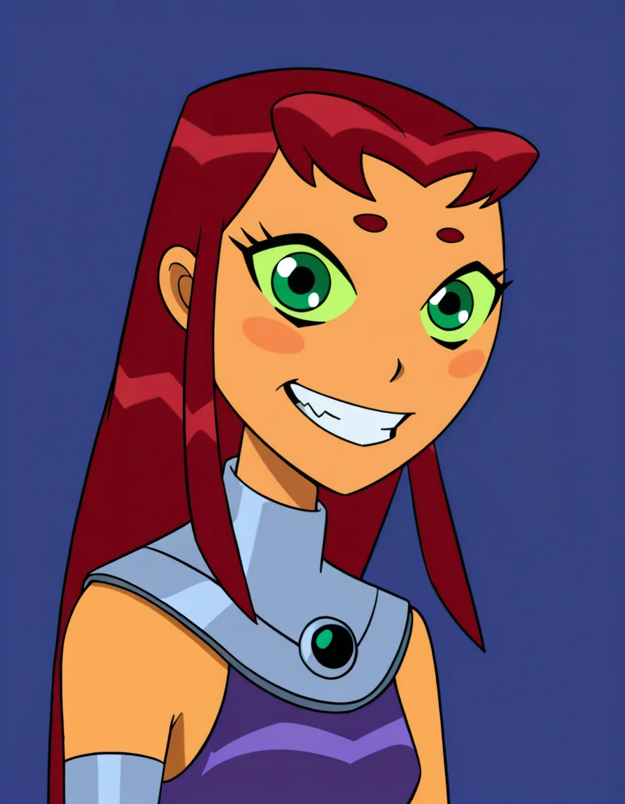 <lora:StarfireIllustrious2.0JLFO:1>, StarfireTT, solo, smile, orange skin, red hair, long hair,green eyes, green sclera, 1girl, grin, blush stickers, teeth, armlet,upper body, portrait, looking at viewer,simple background,