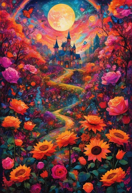 CreepyCuteMagical, A garden of living flowers with humanoid features: roses with expressive faces, sunflowers with glowing eyes, and tulips with tiny arms. The flowers sway in unison under a sky ablaze with electric hues of orange and magenta. Butterflies made of glass flutter among them, their wings refracting light in dazzling patterns. The setting feels like a vivid fever dream crossed with an enchanted fairy tale.
