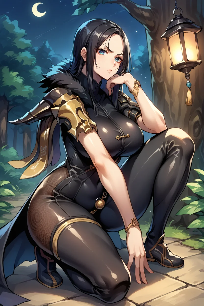 score_9, score_8_up, score_7_up, score_6_up, source_anime BREAK 1girl, solo  <lora:jinsoyun-pdxl-nvwls-v1-000007:1> jinsoyun, black hair, black bodysuit, shoulder armor, fishnet, single gauntlet, bracelet, sitting, serious, one knee, crouching, night, forest, big breasts