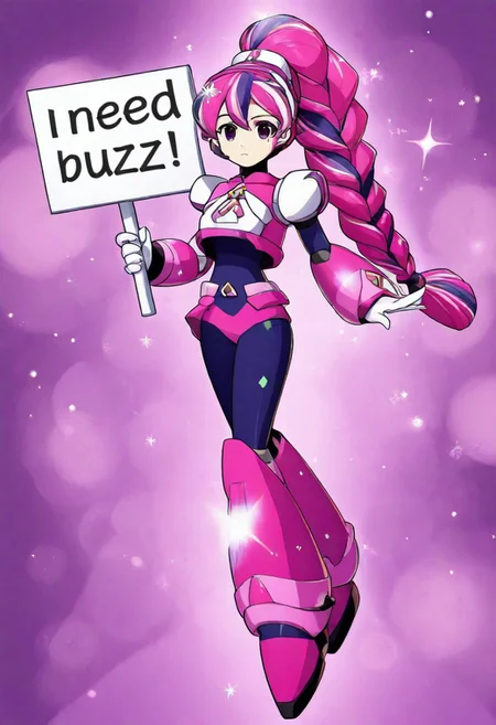 need_buzz, holding sign,SGCRSA, 1girl, long hair, multicolored hair, braided ponytail, glitter hair,xdive, android, robot ears, bodysuit,