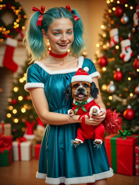 Animal Christmas, 1girl, aqua eyes, aqua hair, blue dress, blurry, blurry background, choker, collarbone, colored eyelashes, dress, bright eyes,Christmas background, hair ribbon, holding, holding dogin Christmas jumper, pleated dress, ribbon, happy, short sleeves, solo, twintails, cocker spaniel in tinsel
<lora:Animal_Christmas:1>