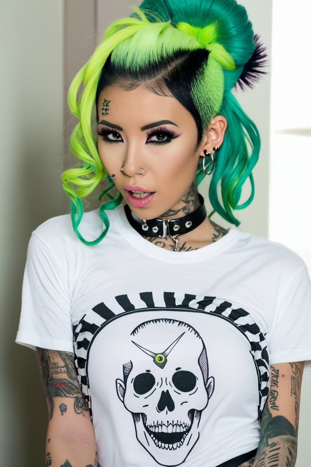 <lora:h00kup_v2:1.0>, high resolution, high quality, realistic, looking at viewer, bedroom, punk asian H00kB3f0r3 woman, t-shirt, fishnets, mascara, makeup, spiky green hair, tattoos, piercings