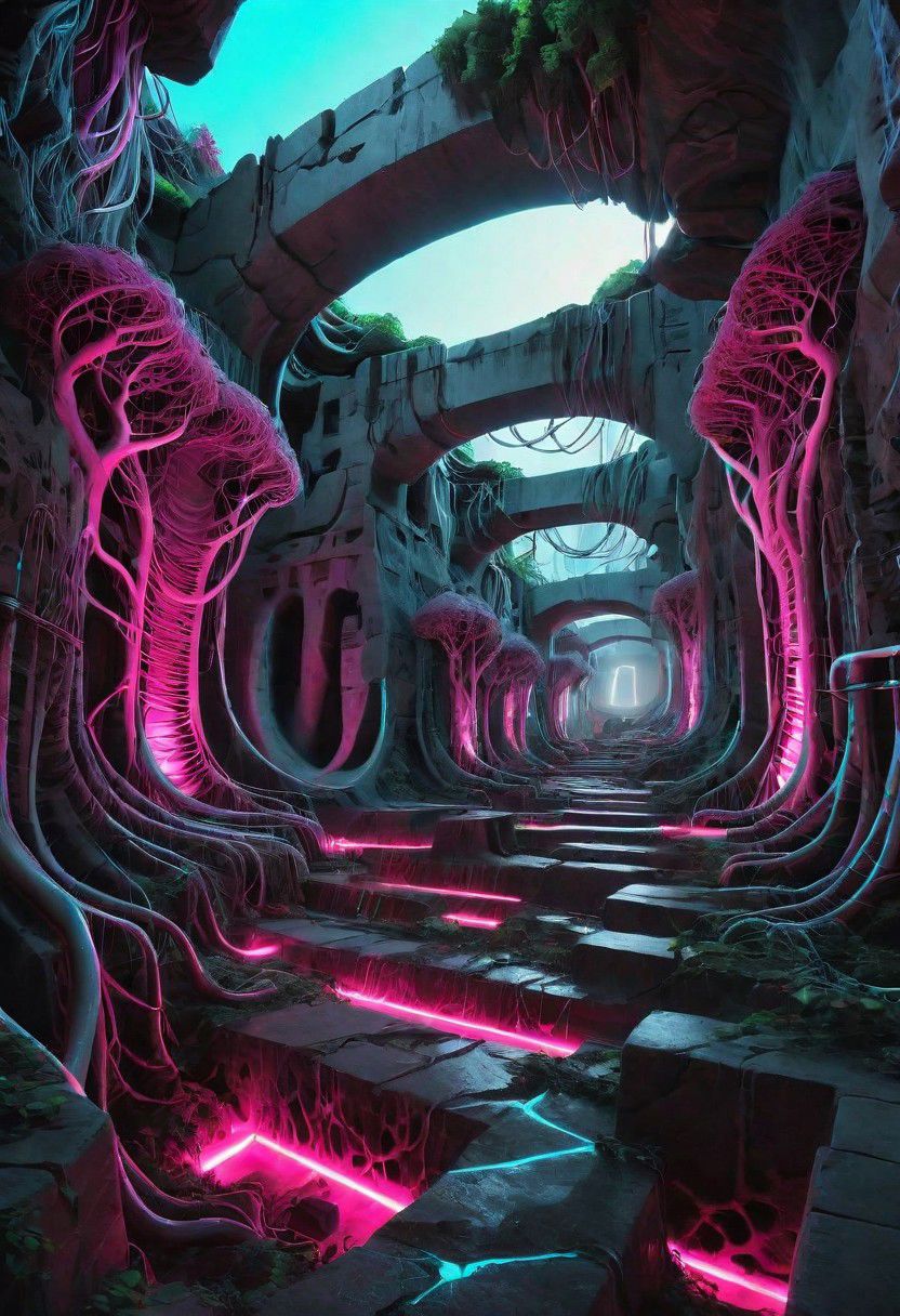 ASCIIPhotorealistic, Octane render, hyper realistic textures, Twisting cavernous Cyberpunk catacombs, tunnels lined with pipe work and wires, drab graffitied concrete illuminated by the soft glow of neon lighting, thick twisting tree roots growing in through the walls, masterpiece, sci-fi, dramatic lighting, vaporwave vibe
