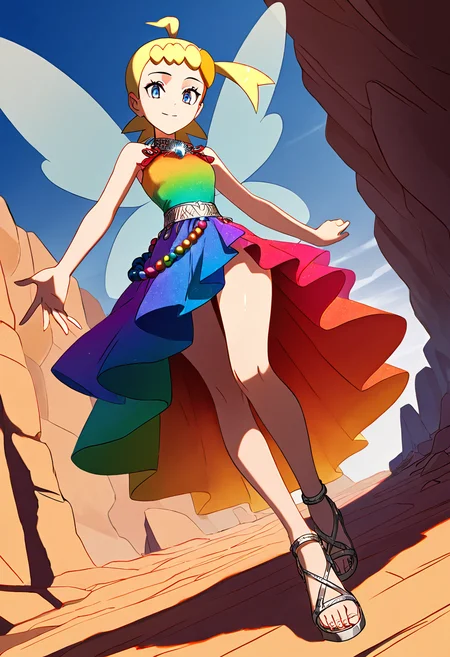 masterpiece, best quality, solo, curvy, beautiful eyes, narrow waist, wide hips, 1girl, solo, smile, looking at viewer, dynamic angle, foreshortening, close up,    zzBonnie, bonnie_(pokemon), blue eyes, ahoge, blonde hair, hair ornament, short hair, side ponytail,  ,<lora:BonniePokemonIXL:1.0>, [Rainbow Fairy], multicolored flowing dress made from iridescent fabric that shifts colors, wings that shimmer with every hue of the rainbow, sparkling gemstone belt, silver sandals with rainbow straps, braided hair adorned with tiny rainbow beads, standing on a cliff with a brilliant rainbow arching across the sky, sunlight glinting off the wings,
