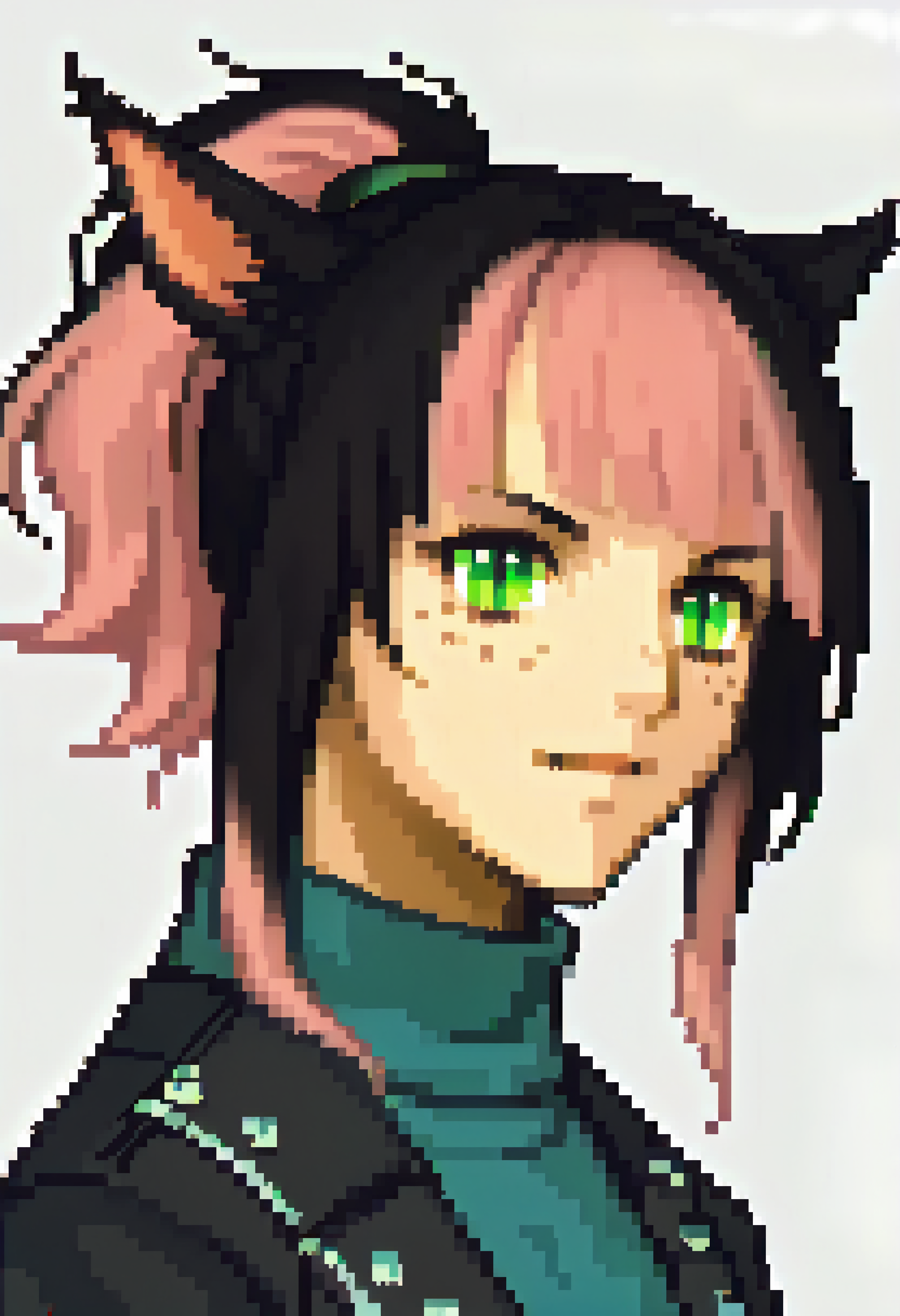 score_9, score_8_up, score_7_up BREAK  <lora:clamXIVMC_v31:1> xivmc, animal ears, two-tone hair, ponytail, green eyes, slit pupils, freckles, leather jacket, turtleneck, <lora:zs_FEGBAPortraitsXL:1> fegbaportraits, portrait, white background
