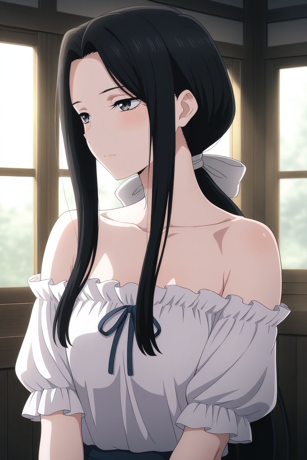 masterpiece, best quality, amazing quality, very aesthetic, absurdres, ultra detailed,
<lora:il_contrast_slider_d1 (ЦВЕТ КАРТИНКИ):-0.8> 
<lora:Shirayuki:0.8> shirayuki, 1girl,
upper body, white shirt, frilled shirt, off shoulder shirt, short sleeves, strapless, collarbone, bare shoulders, indoors, window