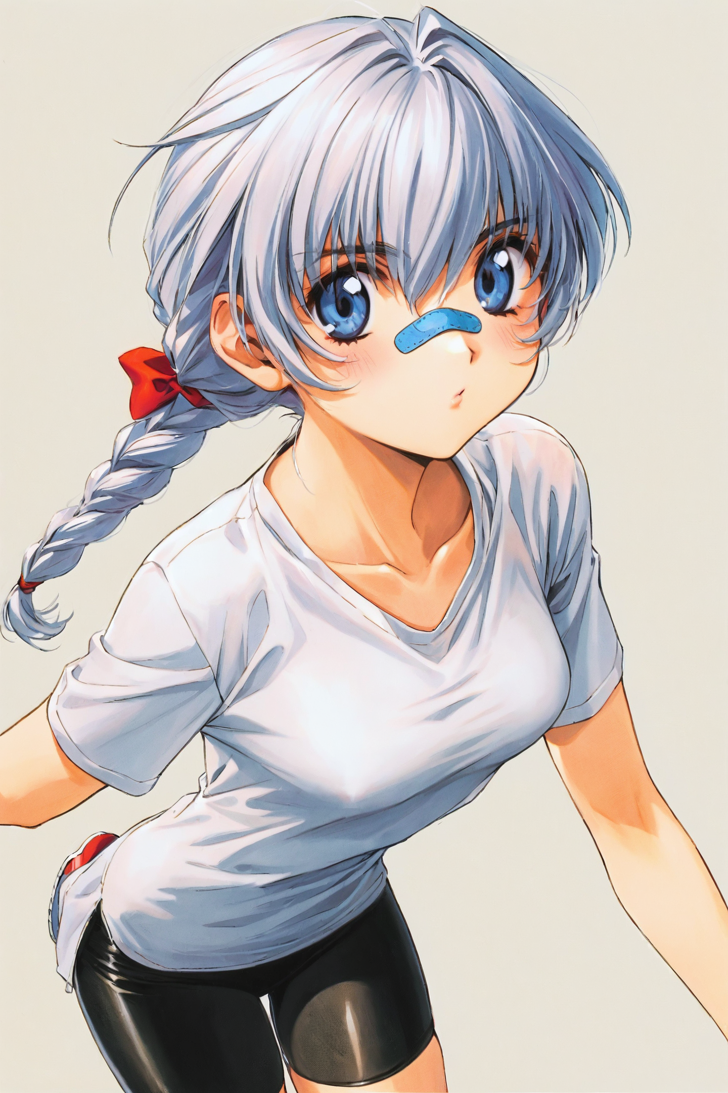 score_9,score_8_up,score_7_up,masterpiece,best quality,
Teletha Testarossa,1girl,solo,grey hair,blue eyes,bike shorts,red bow,braided ponytail,bandaid on nose,white shirt,t-shirt,collarbone,sneakers,standing,looking at viewer,simple background,white background,traditional media,
<lora:Shiki Doji_XL:0.9>,<lora:FMP_Teletha_Testarossa_Pony_v1:0.6>,