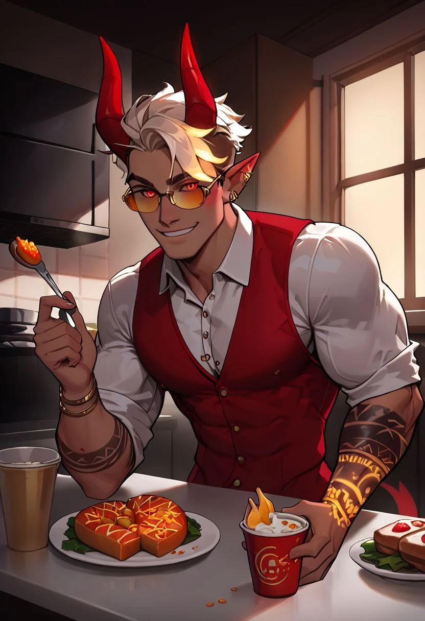 score_9, score_8_up, score_7_up,score_9, score_8_up, score_7_up, (Boy: light tan skin, Toned and tall), Pretty face, handsome smile, perfect face, (((White Glowing hair))), ((Glowing golden irises)), (Neon Red pupils), tan skin, shiny skin, Curley short haircut, ((2 spiral red horns)), (((Demon))), (Medium muscle build), gages in ears, Neon tattoos on arms, Neon V tattoo on hips, Neon demon tattoos on chest, wild hair, toned hips, ((fit look, large Gold intelligent glasses)), white sleeves dress shirt, Red vest, gold embroidery, dress shoes, eating meal on table, thanking wife for food, ((Gold aura surrounding body)),
big kitchen, placing food in fridge, putting food away, food containers in fridge, food wrapped up in kitchen, clean kitchen