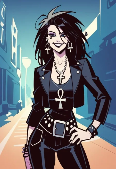 score_9, score_8_up, score_7_up, score_6_up, bad_prompt_version2, high quality, absurd res, masterpiece, hand on hip, looking at viewer, smile, calling with the finger BREAK Ladydeath, chainmail top, seethrough top, leather pants, egyptian cross on necklaces, goth make up, messy hair, pale skin, eye of ra, thight clothes, BREAK night, street light, alley